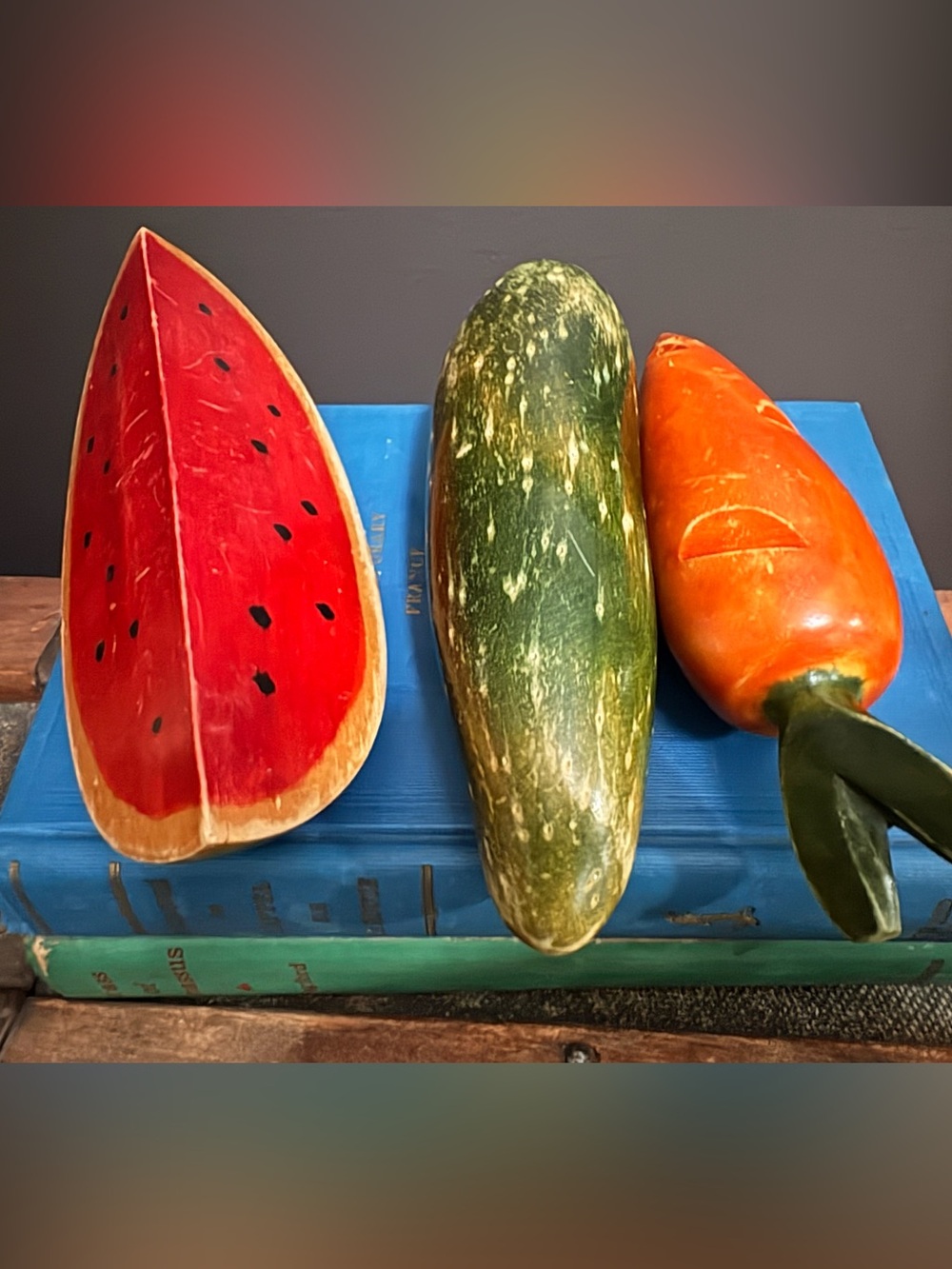 Vintage Handmade Wooden Decorative Fruits - Red Watermelon & Green Cucumber